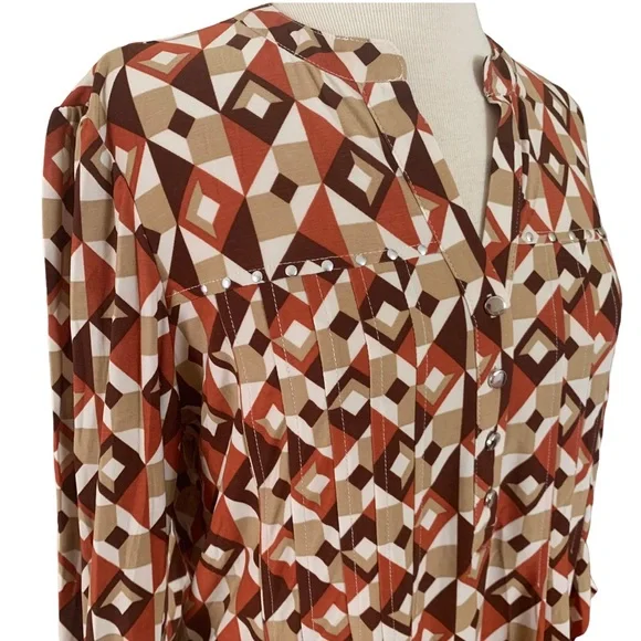 COCOMO Medium Brown Orange White 3/4 sleeve women's Pintuck Blouse top shirt - Picture 8 of 16